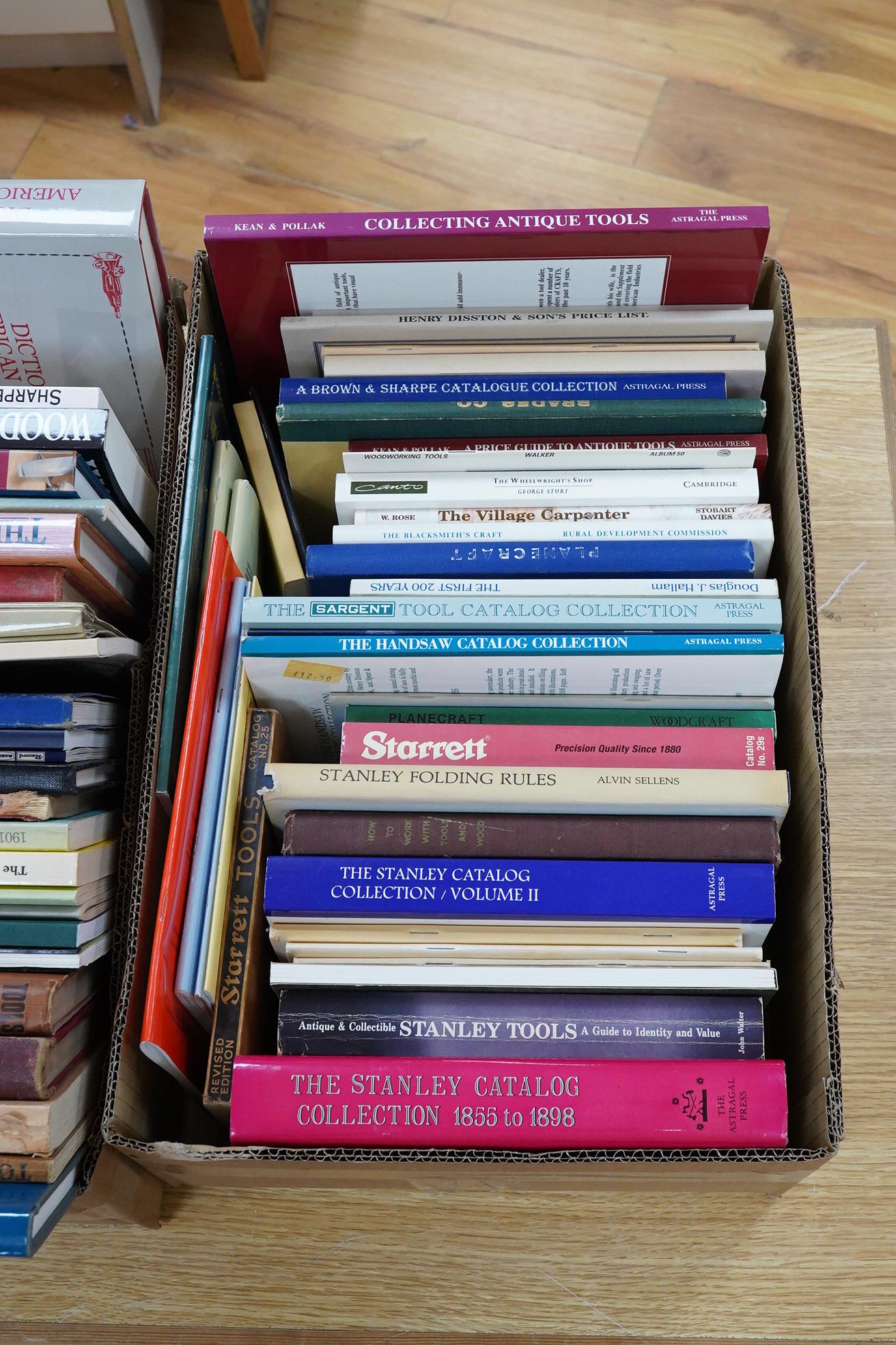 Two boxes of woodworking related books, titles include; The Workshop Book, Tools for all Trades, Alex Mathieson & Sons Ltd., Record Tools catalogues, Sorby ‘Punch Brand’ Tools catalogues, The Legend of Stanley, The Lie-N